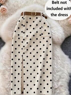 Women'S Vintage Polka Dot Corduroy Midi Skirt, High Waist Slit A-Li